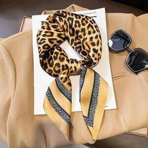 2/$30 Large Square Black Gold Satin Silky Neck Head Scarf Leopard Print Bandana